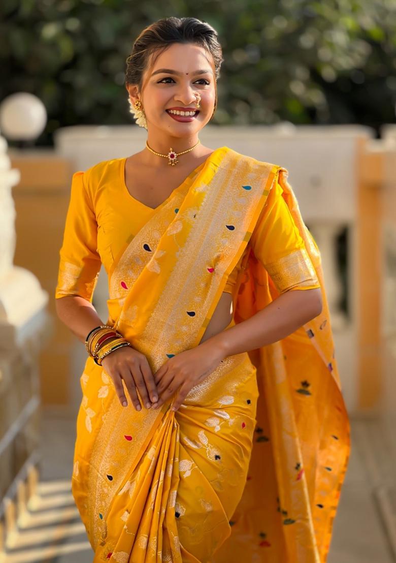 Yellow Woven Silk Saree Set
