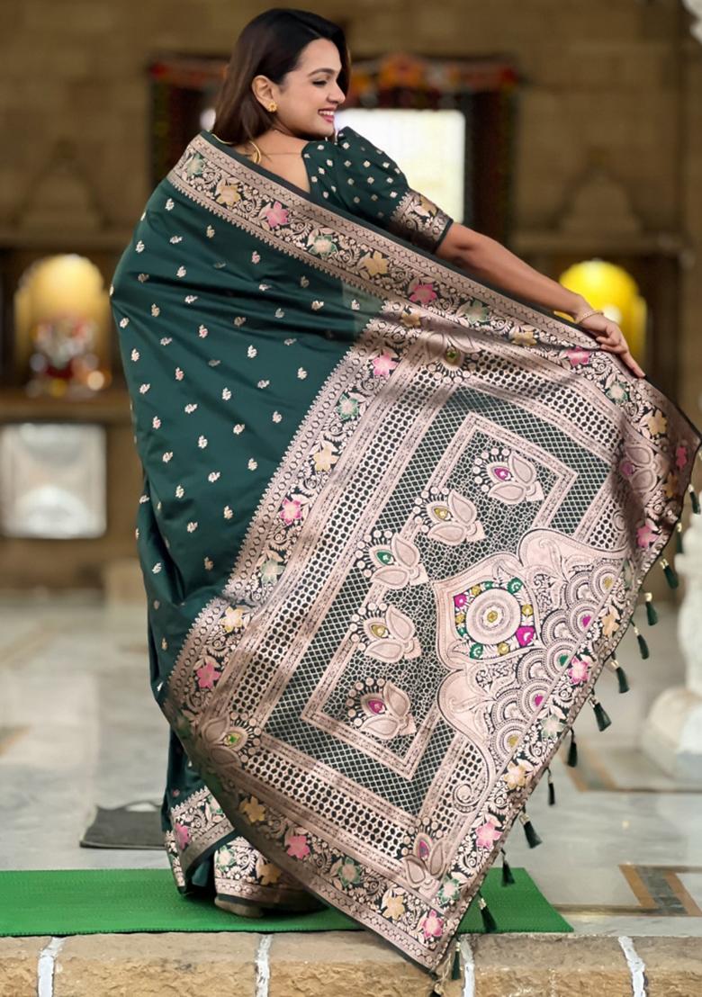 Green Woven Silk Saree Set