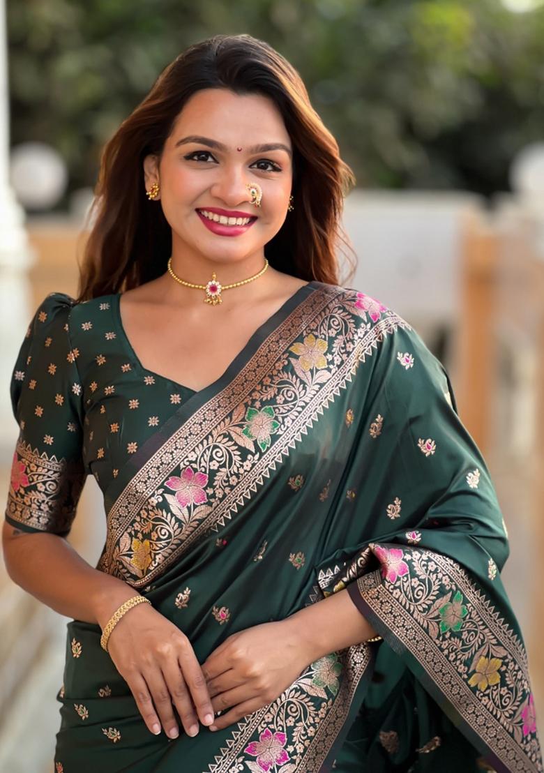 Green Woven Silk Saree Set