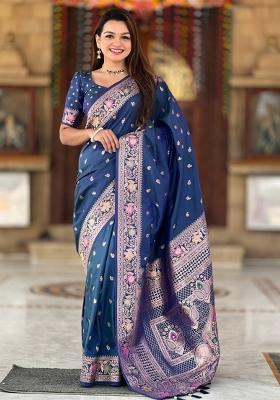 Blue Woven Silk Saree Set