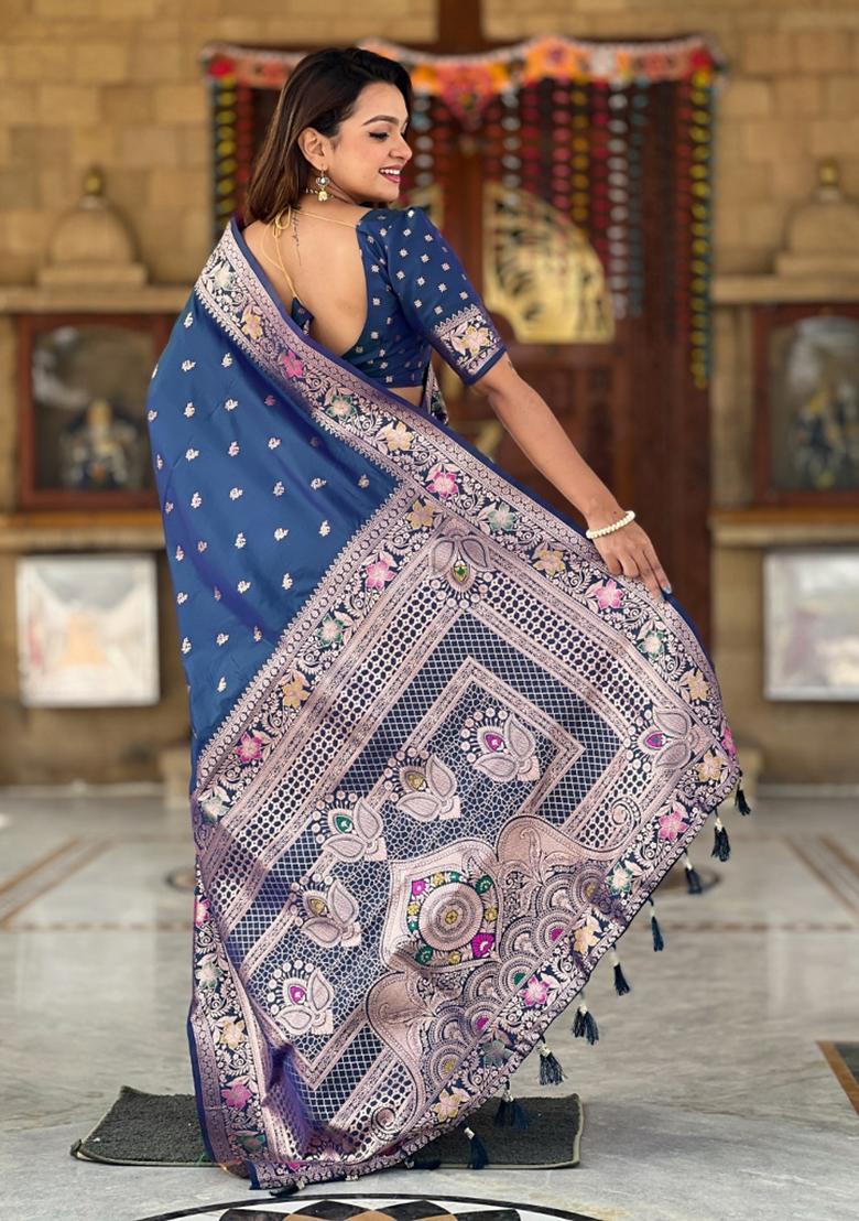 Blue Woven Silk Saree Set