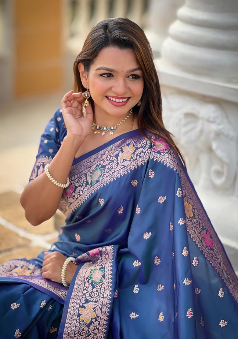 Blue Woven Silk Saree Set