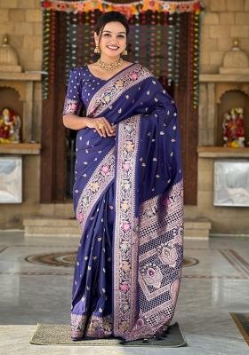 Navy Blue Woven Silk Saree Set