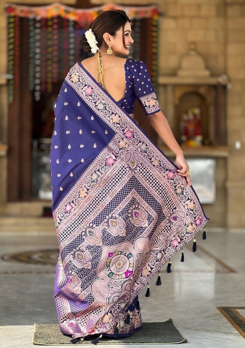 Navy Blue Woven Silk Saree Set