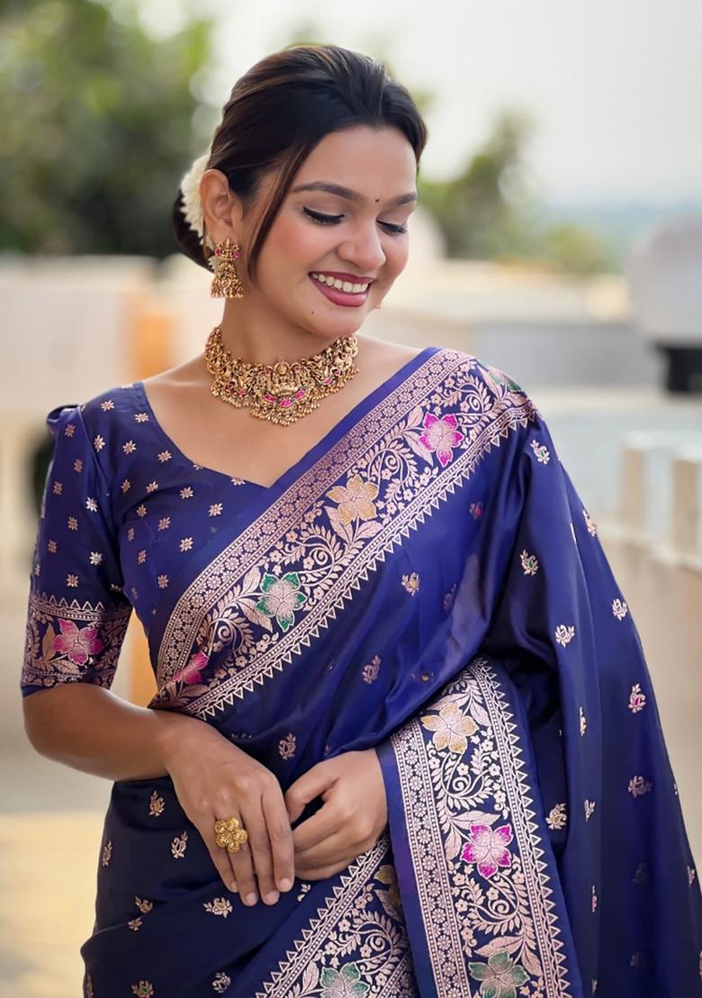Navy Blue Woven Silk Saree Set
