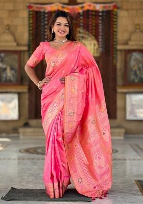 Pink Woven Silk Saree Set