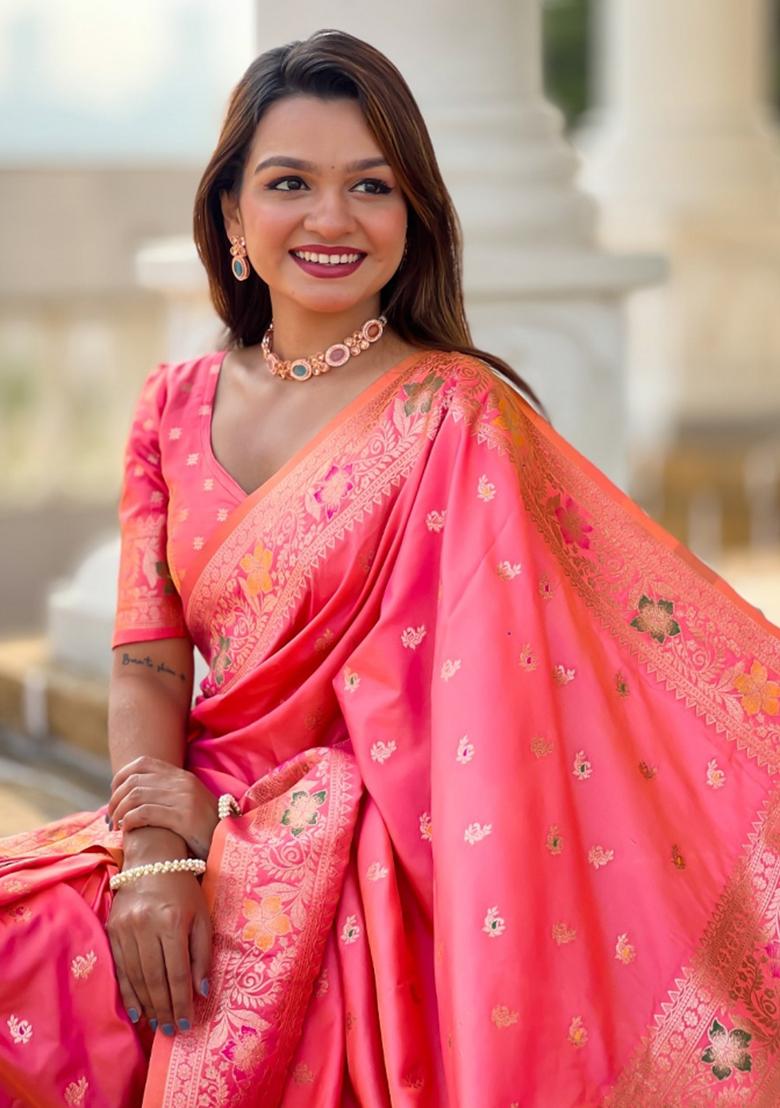 Pink Woven Silk Saree Set
