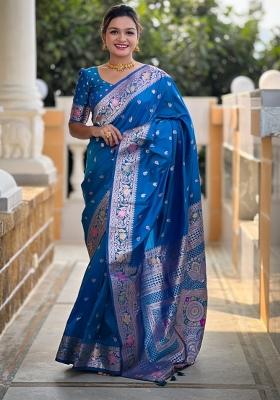 Aqua Blue Woven Silk Saree Set