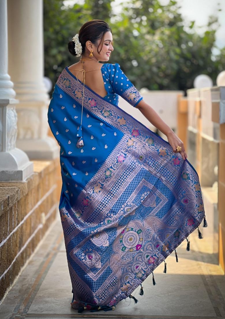 Aqua Blue Woven Silk Saree Set