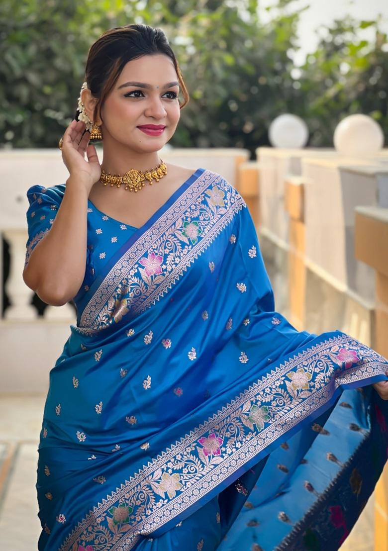 Aqua Blue Woven Silk Saree Set