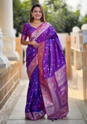 Violet Woven Silk Saree Set