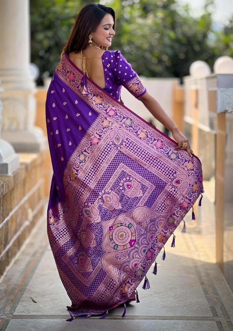 Violet Woven Silk Saree Set