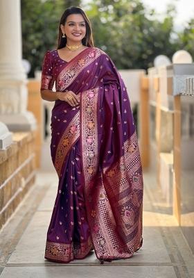 Wine Maroon Woven Silk Saree Set