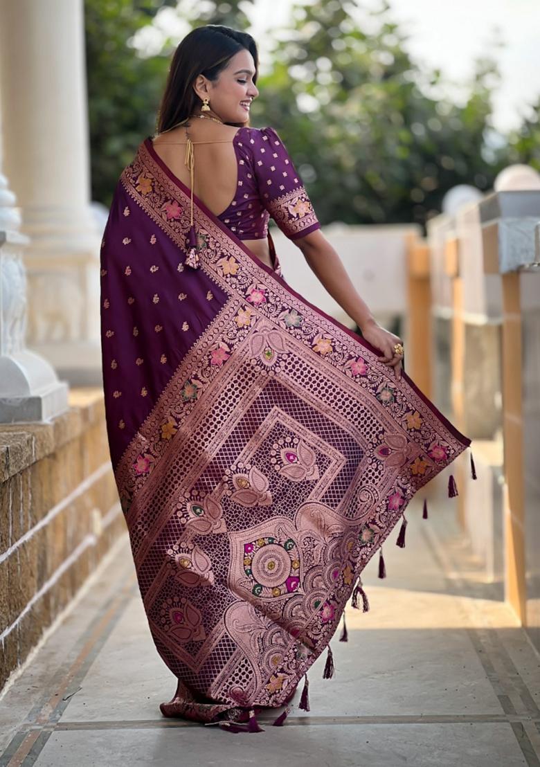 Wine Maroon Woven Silk Saree Set