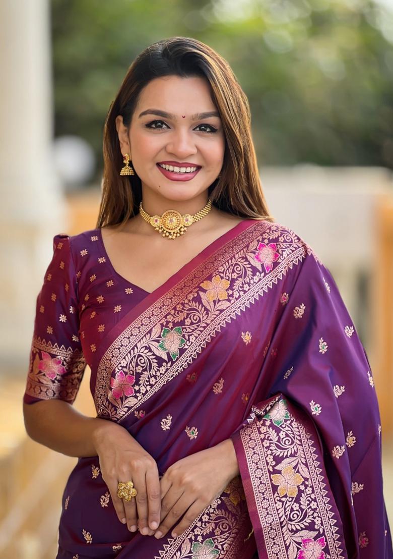 Wine Maroon Woven Silk Saree Set