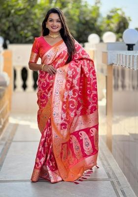 Peach Woven Silk Saree Set