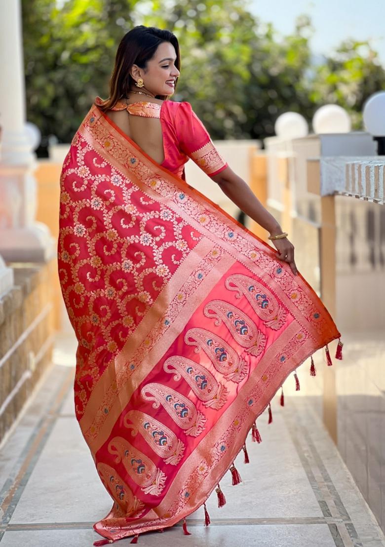 Peach Woven Silk Saree Set