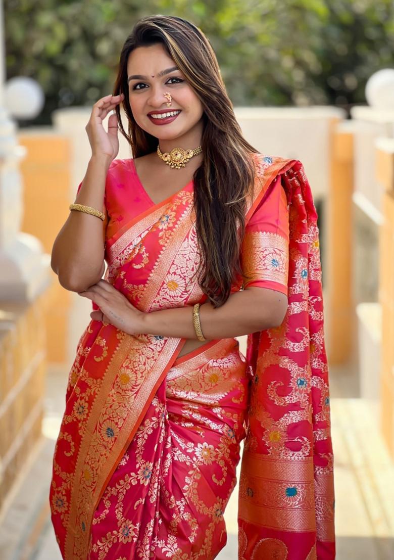 Peach Woven Silk Saree Set