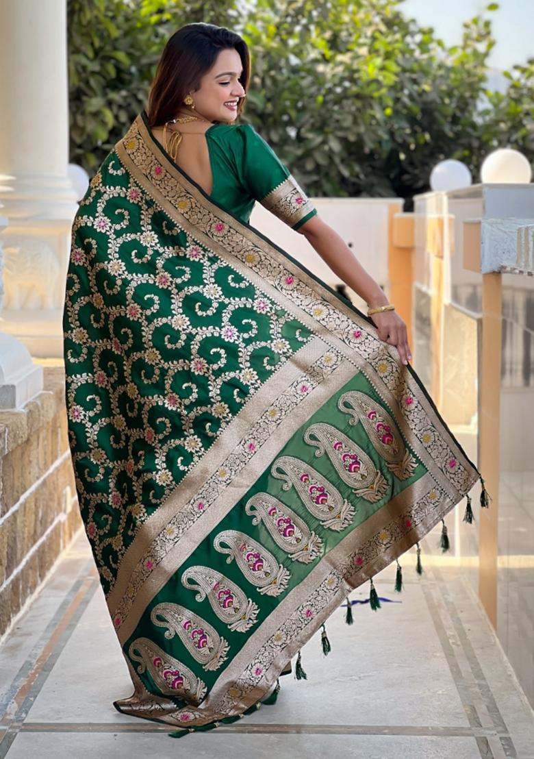 Green Woven Silk Saree Set