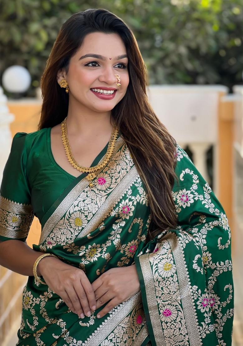 Green Woven Silk Saree Set