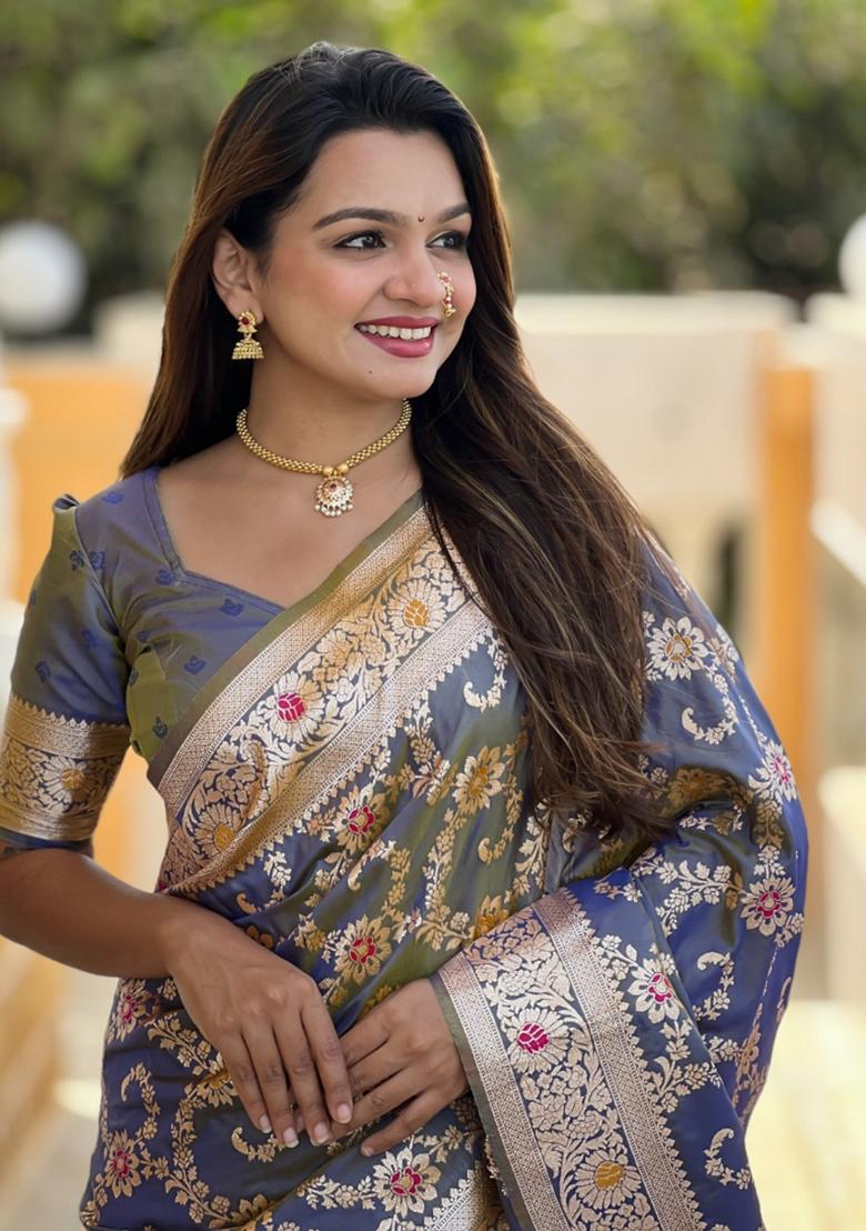 Grey Woven Silk Saree Set