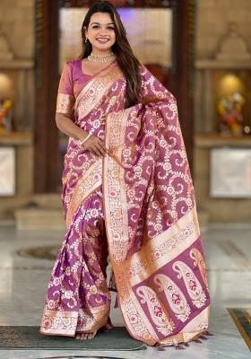 Purple Woven Silk Saree Set