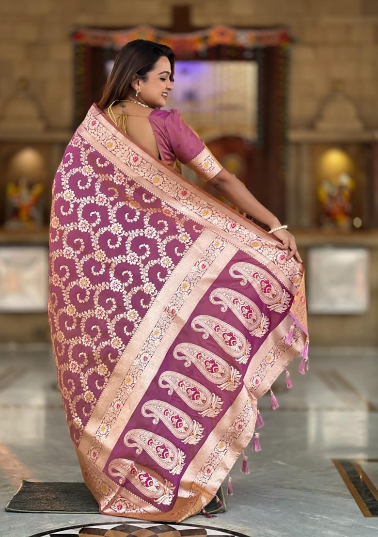 Purple Woven Silk Saree Set