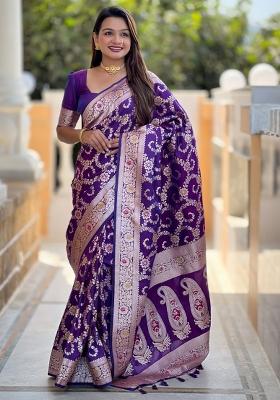 Violet Woven Silk Saree Set