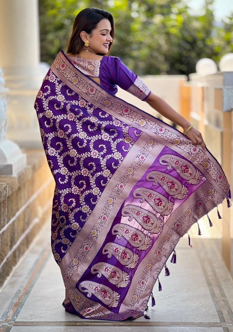 Violet Woven Silk Saree Set