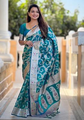 Aqua Blue Woven Silk Saree Set
