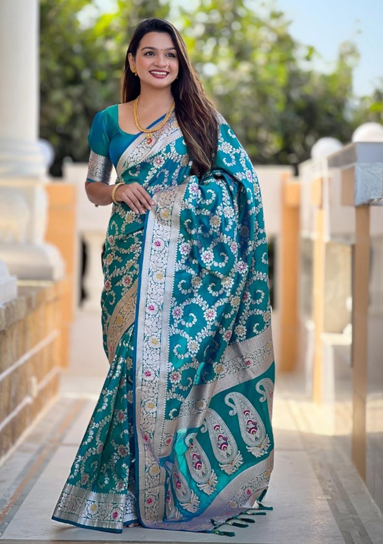 Aqua Blue Woven Silk Saree Set