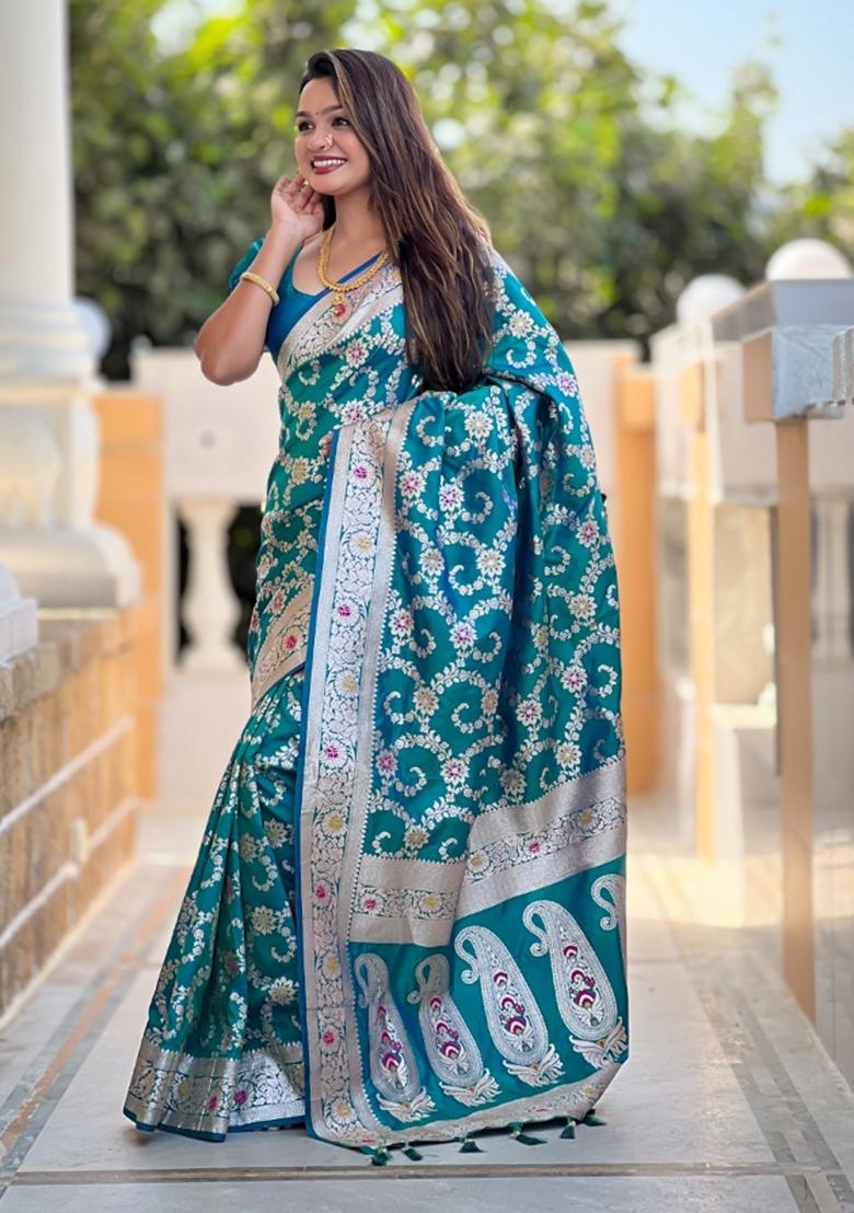 Aqua Blue Woven Silk Saree Set