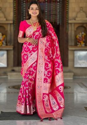 Pink Woven Silk Saree Set