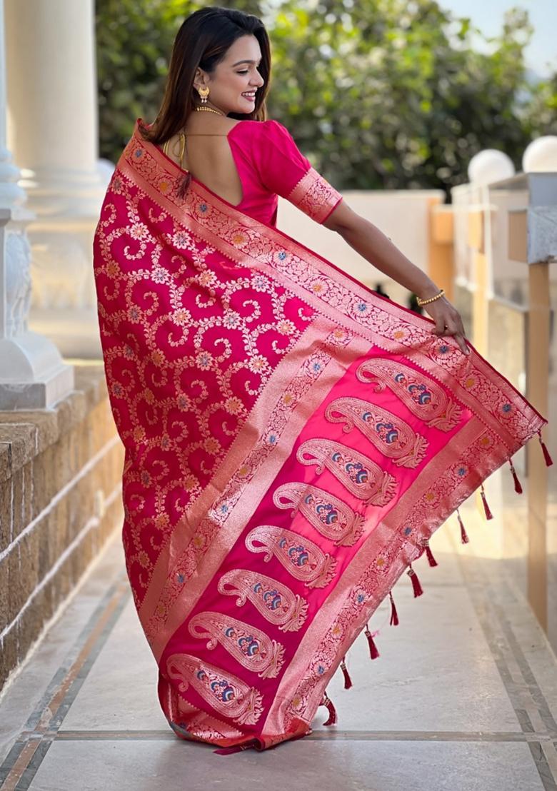 Pink Woven Silk Saree Set