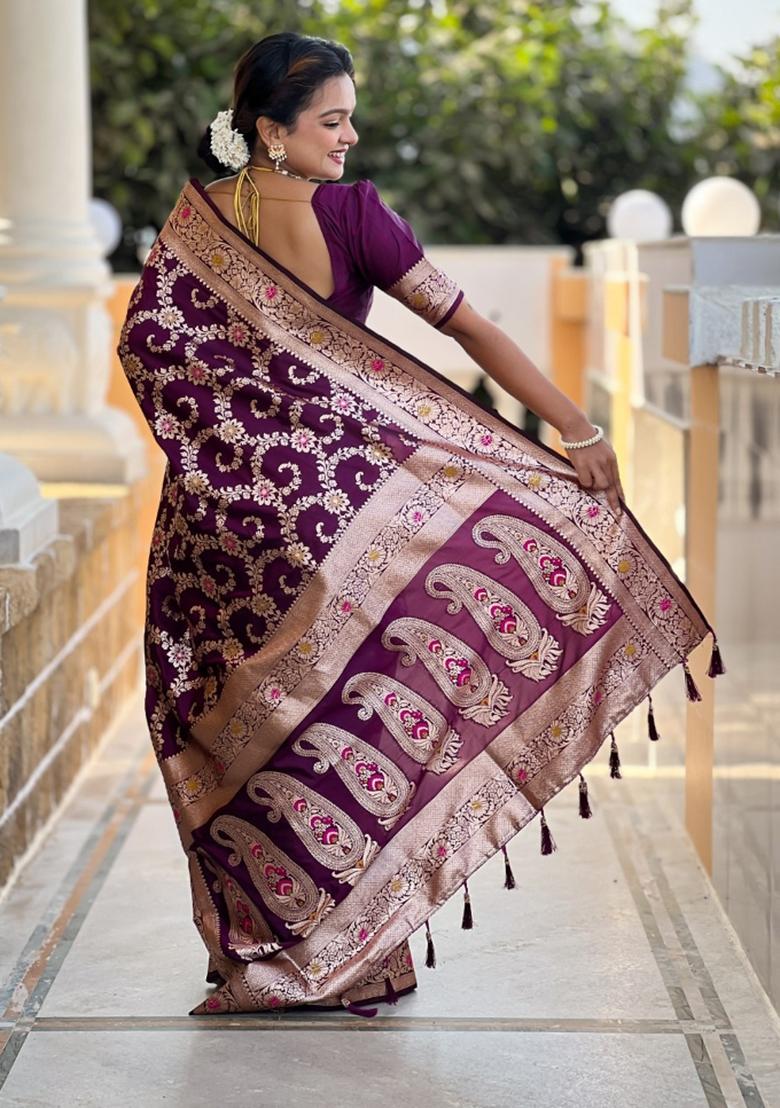 Wine Maroon Woven Silk Saree Set