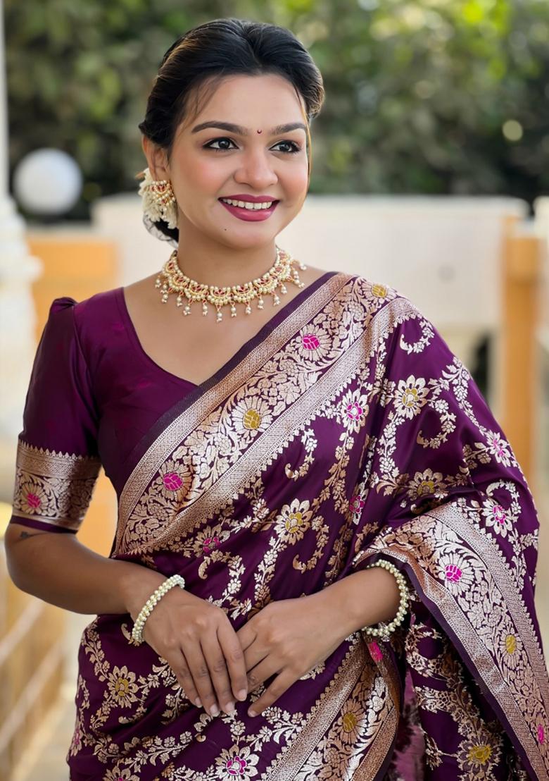 Wine Maroon Woven Silk Saree Set