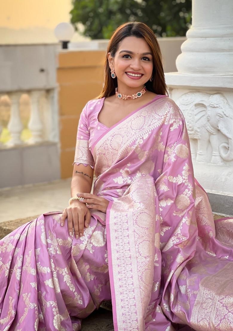 Light Pink Woven Silk Saree Set