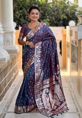 Dark Grey Woven Silk Saree Set