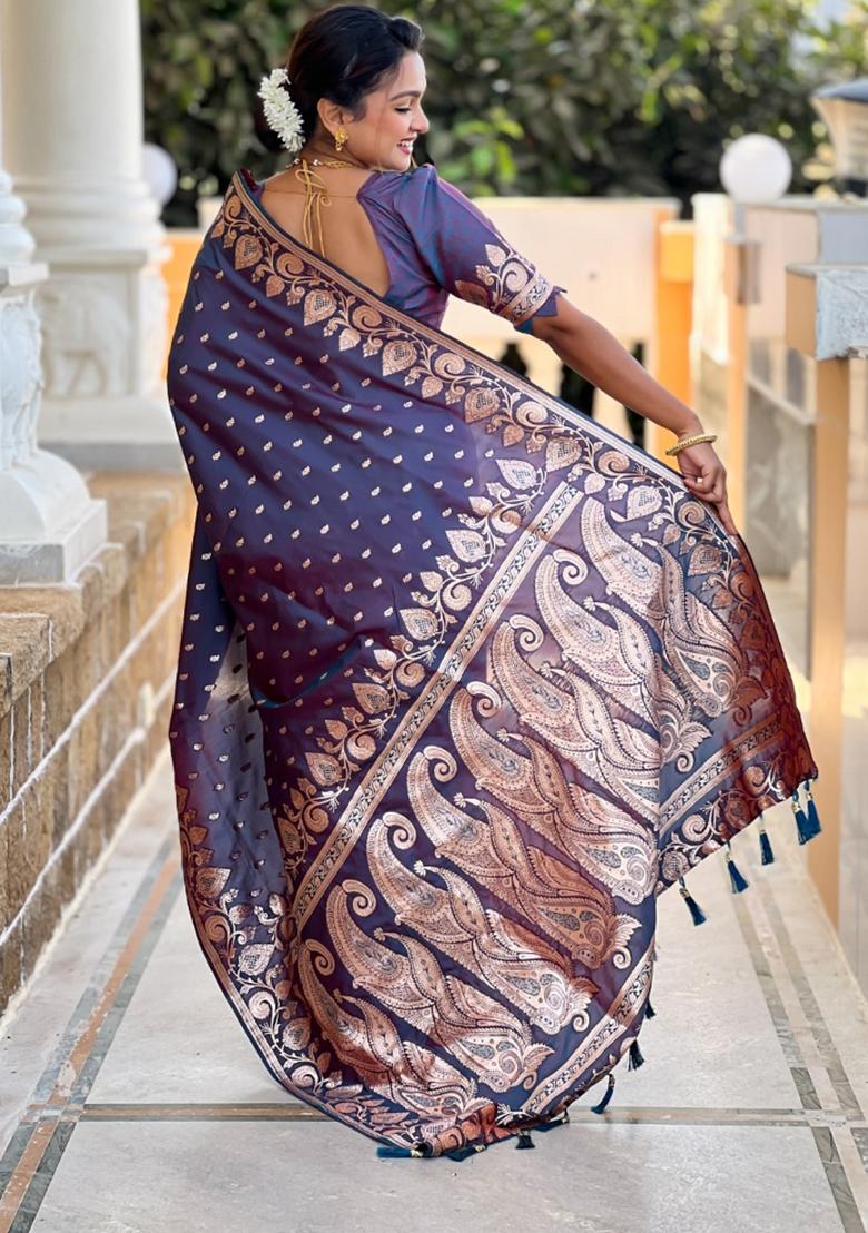 Dark Grey Woven Silk Saree Set