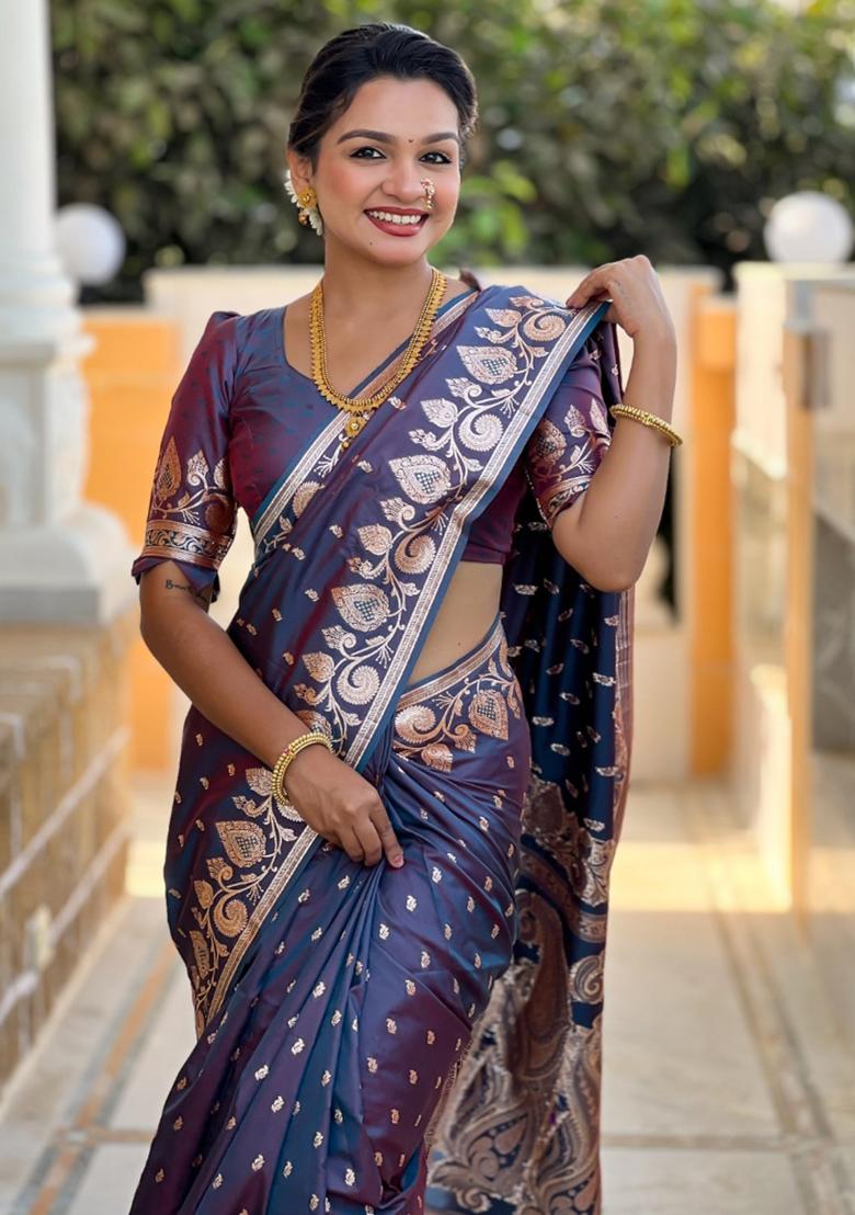 Dark Grey Woven Silk Saree Set