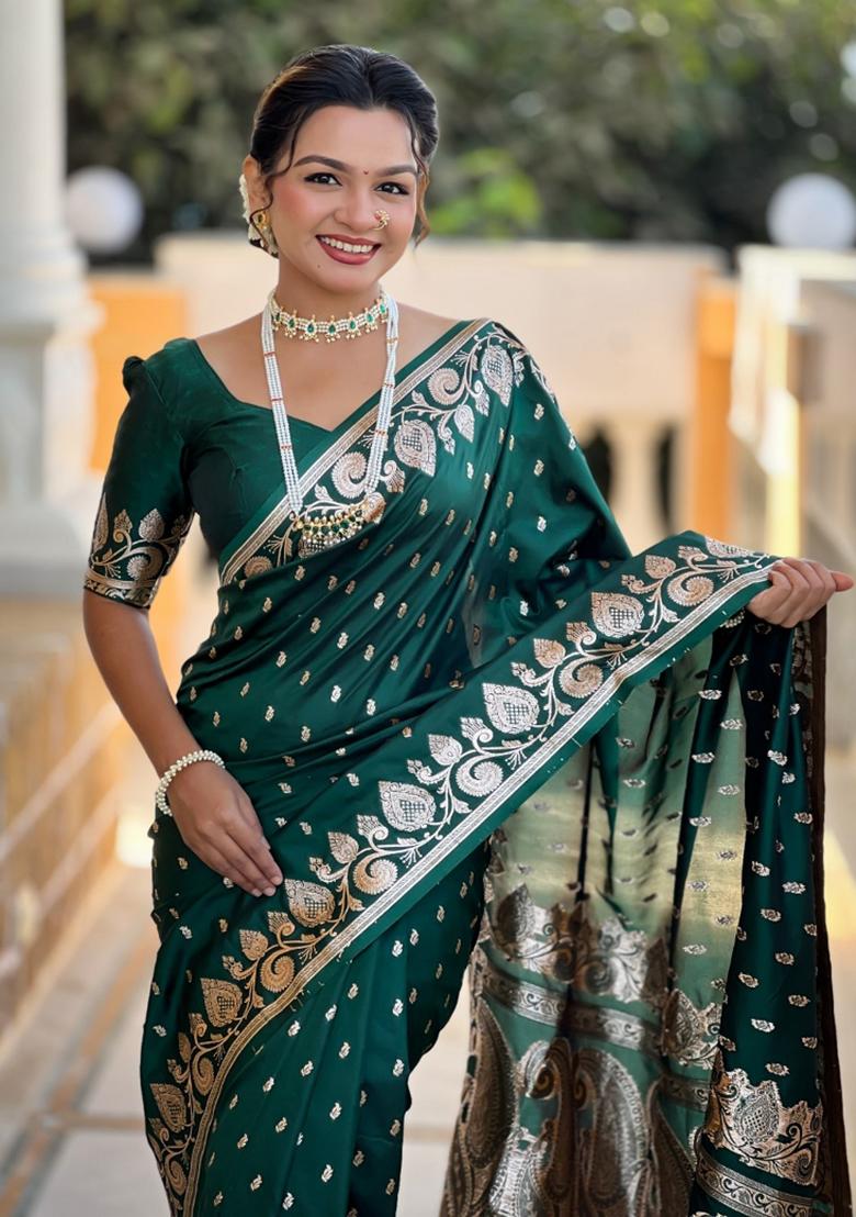 Green Woven Silk Saree Set