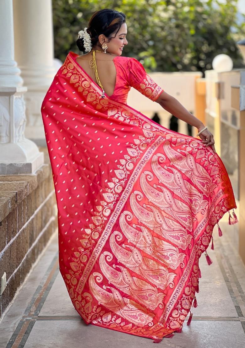 Peach Woven Silk Saree Set