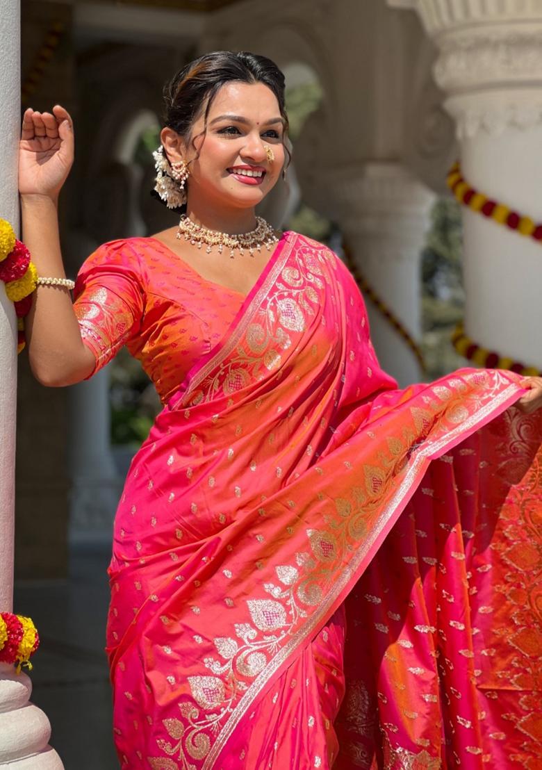 Peach Woven Silk Saree Set