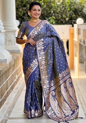 Grey Woven Silk Saree Set
