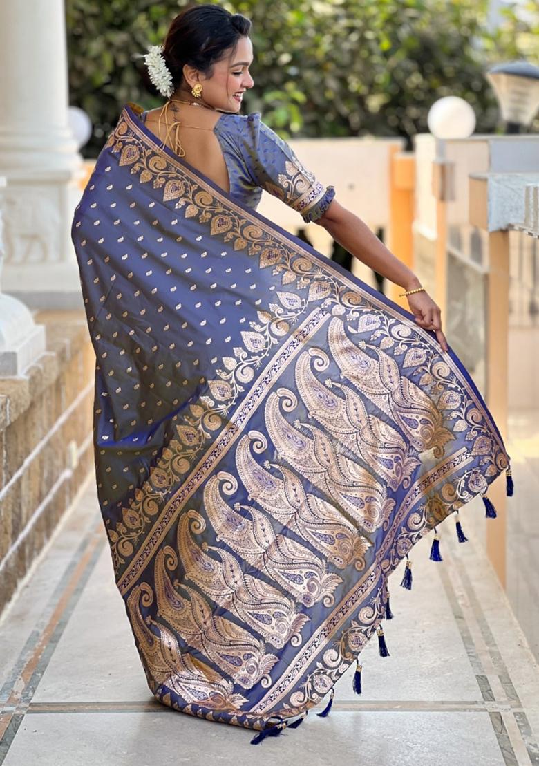 Grey Woven Silk Saree Set