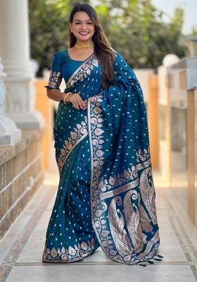 Teal blue Woven Silk Saree Set