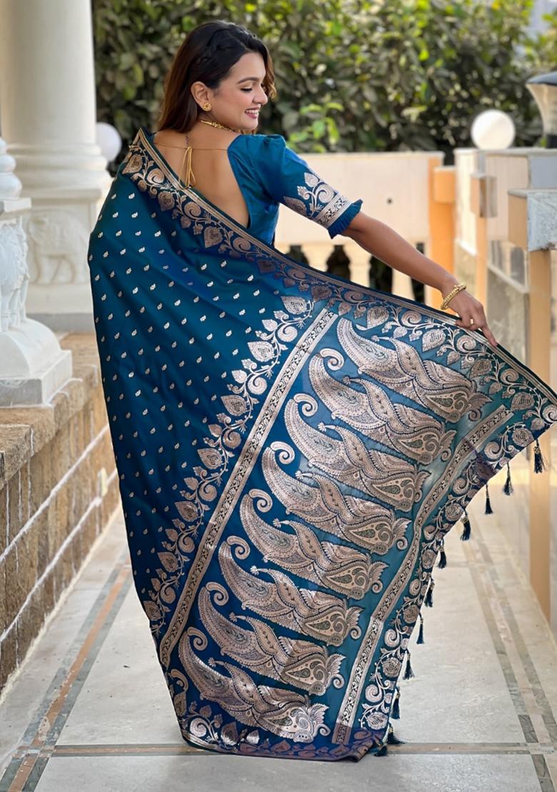 Teal blue Woven Silk Saree Set