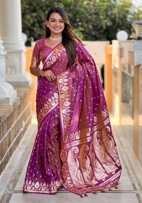 Purple Woven Silk Saree Set