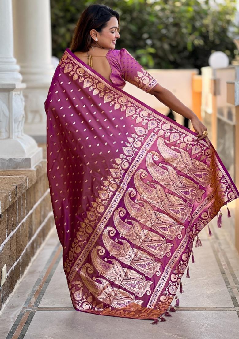 Purple Woven Silk Saree Set