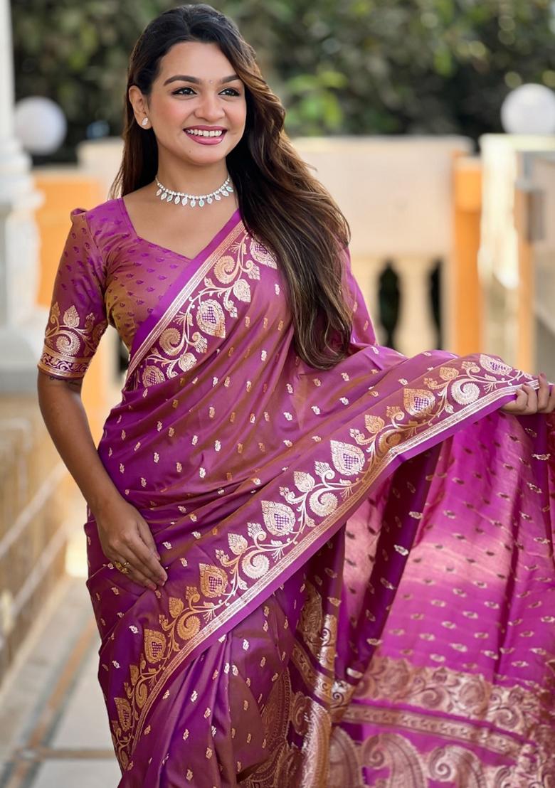 Purple Woven Silk Saree Set